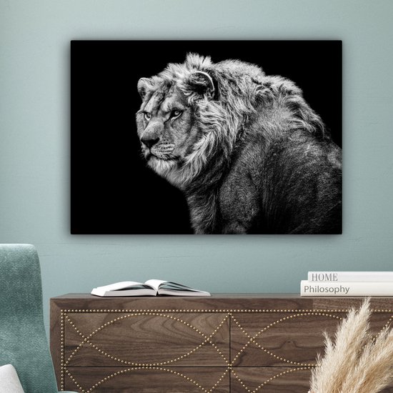 Tableau sur toile - Animaux sauvages - Lion - Zwart - Wit - Décoration murale - Toile - 80x60 cm - Toile canvas - Salon