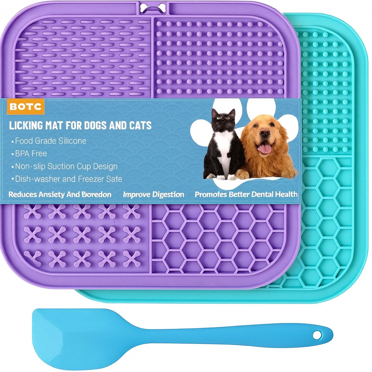 Bol.com BOTC Likmat Hond met Silicone spatulas - 3-Delig Likmat Voermat Hond - voermat - Slowfeeder Hond - Paars /Blauw aanbieding