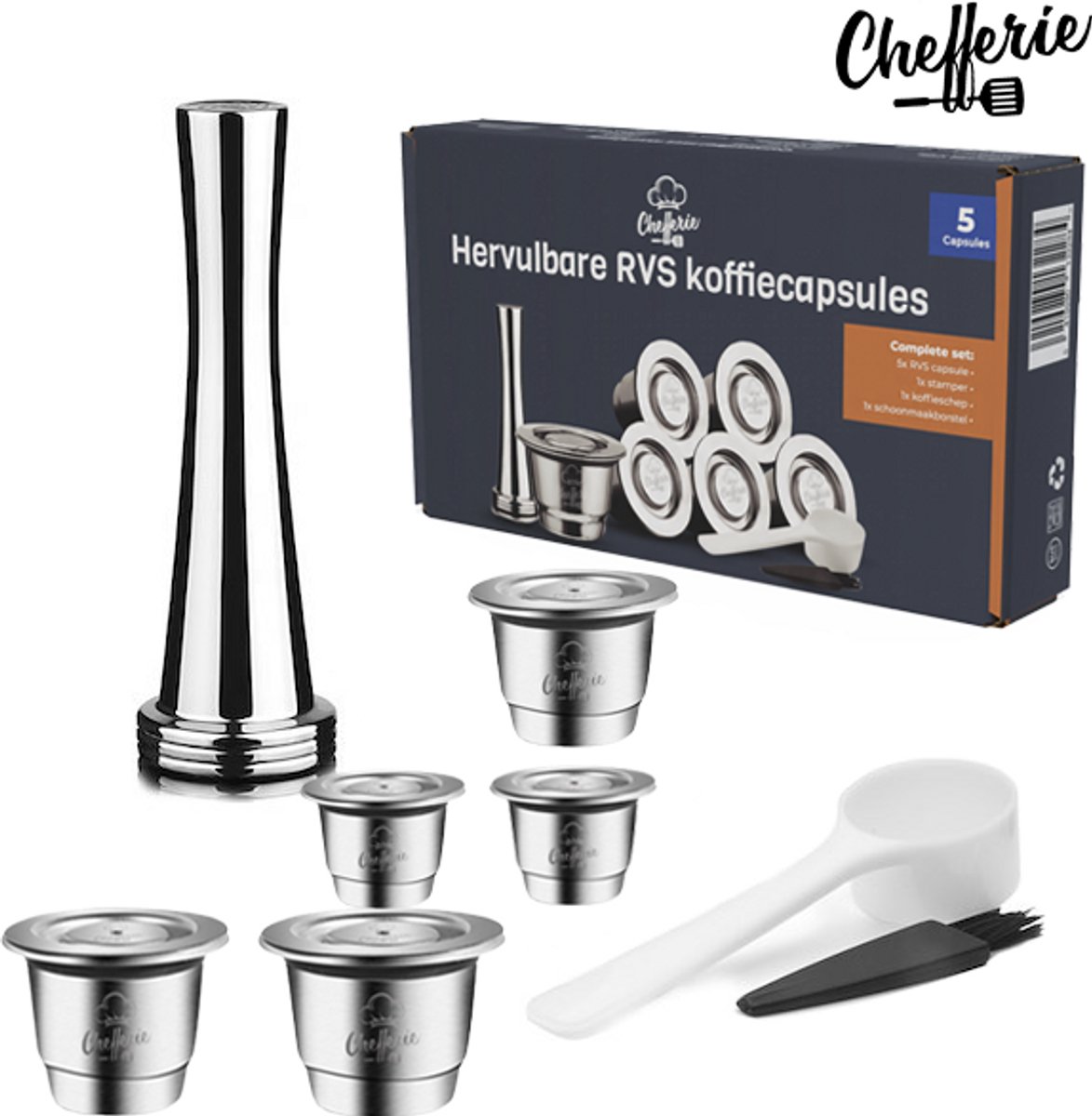 Chefferie Nespresso cups - Herbruikbare koffiecups - Hervulbare capsules - RVS - 5 capsules