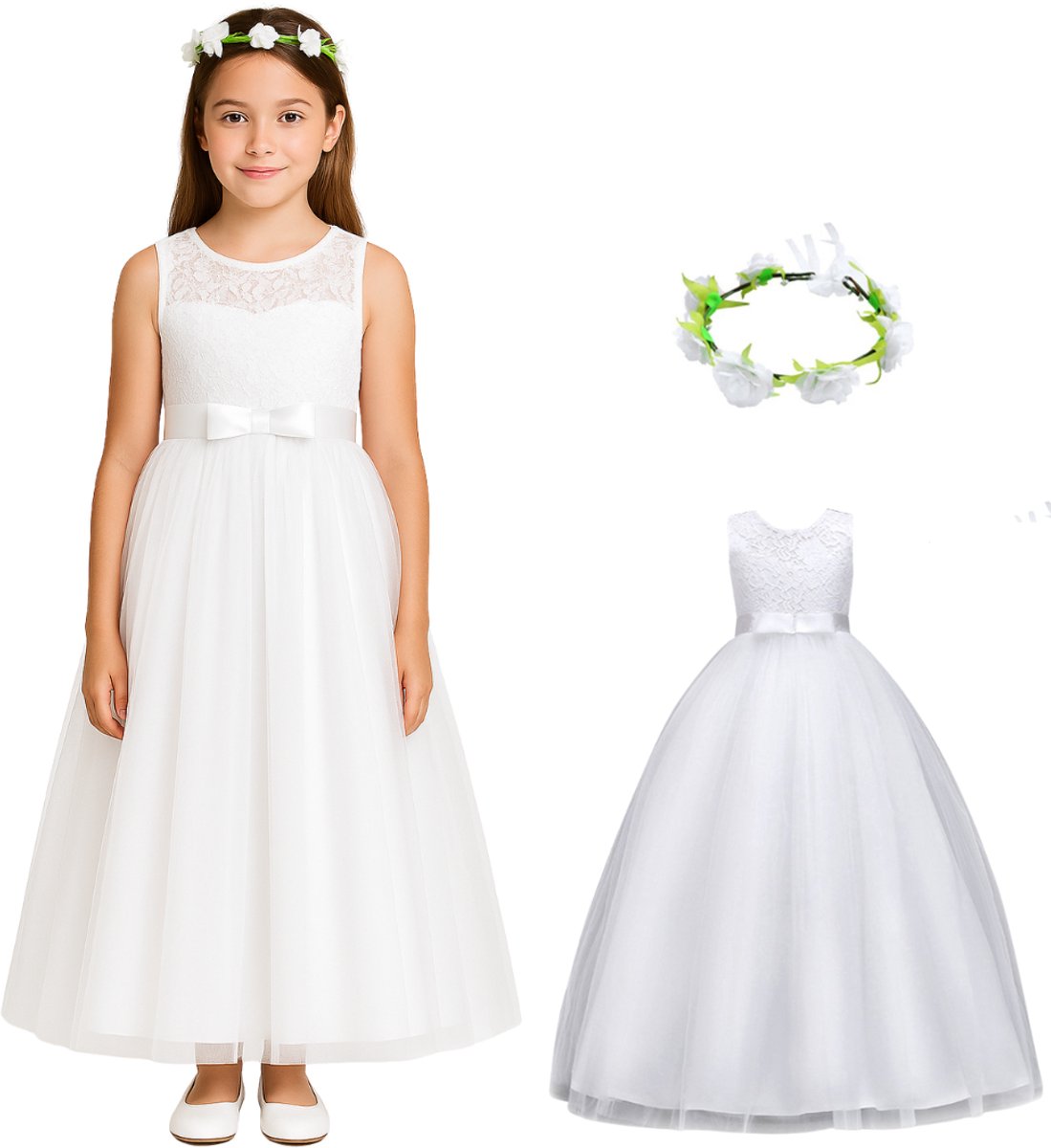 Joya Kids® Communie jurk Meisje Wit | Bruidsmeisjes jurk | Prinsessen jurk | Feestjurk + bloemenkrans | Maat 170 (164/170)