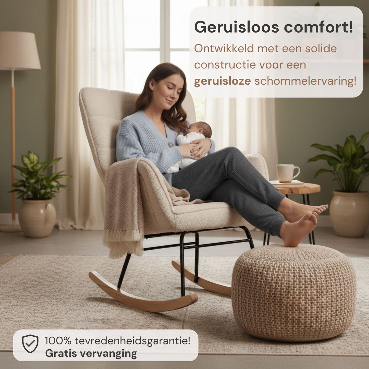 Zenzee Schommelstoel - Schommelstoelen babykamer - Met kussen - Relaxstoel - Fauteuil - Voedingsstoel - Roomwit - Beige — afbeelding 2