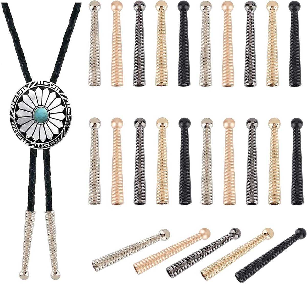 JHubers Goods - Bolo Tie Tips, 5 stuks, 5 kleuren, legering eindkappen voor stropdas koord, DIY benodigdheden