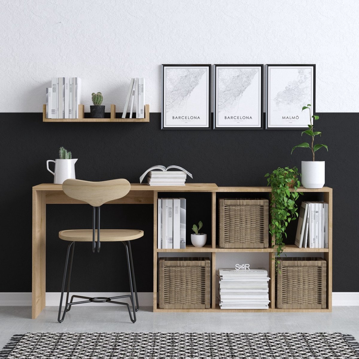 Bureau met 6 nissen met een muurplank - Kleur: naturel - KADONA L 145 cm x H 74 cm x D 45 cm