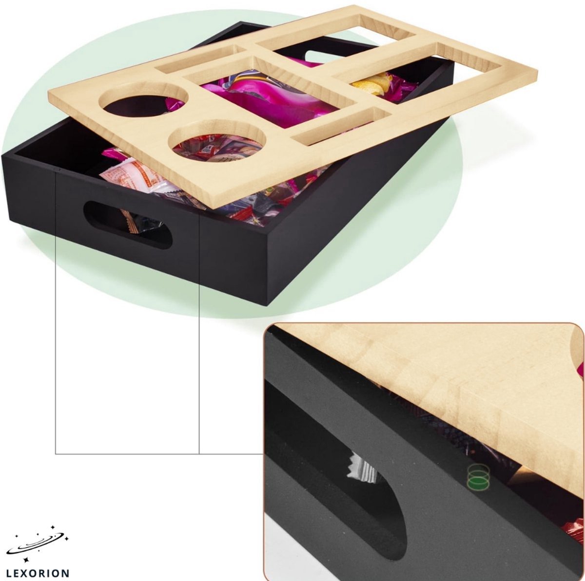 Lexorion Couch Sofa Bar Snack Box – Couch & Chill Sofa Tray – Bamboe Bank Butler – Zwarte Sofa Bar Snack Box met Roestvrijstalen Kommen – Cupholder – Wijn Glazen Houder – Organizer voor Afstandsbediening en Snacks – Cadeau voor Hem & Haar — cadeau in Kookcadeaus - foto 8