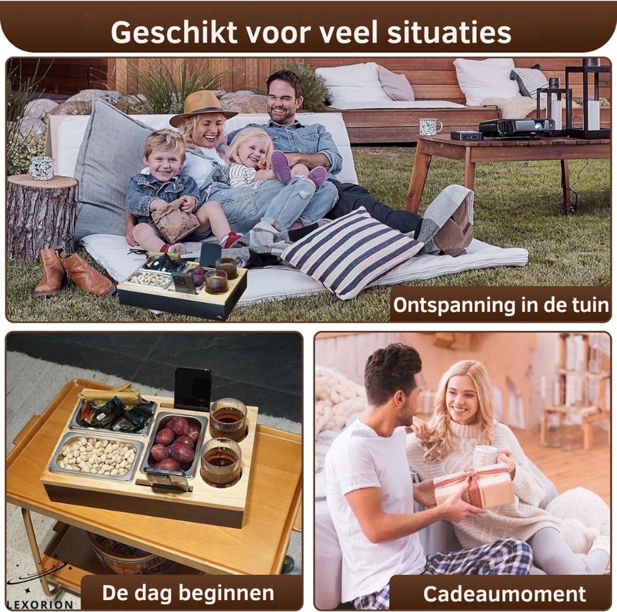 Lexorion Couch Sofa Bar Snack Box – Couch & Chill Sofa Tray – Bamboe Bank Butler – Zwarte Sofa Bar Snack Box met Roestvrijstalen Kommen – Cupholder – Wijn Glazen Houder – Organizer voor Afstandsbediening en Snacks – Cadeau voor Hem & Haar — cadeau in Kookcadeaus - foto 4