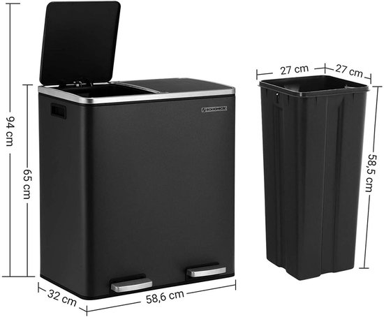 Songmics - Prullenbak - 60 Liter Inhoud (2x30) - Met 2 Gescheiden Bakken - RVS - Zwart