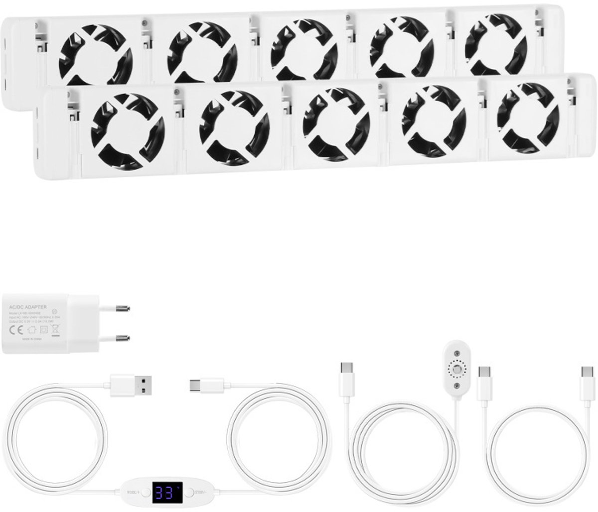 Vijf windopeningen -Radiator ventilator Duo set - Digitaal display - Instelbare temperatuurinstelling - Energiezuinig - Geschikt voor bijna alle typen radiatoren - Verwarming ventilatie