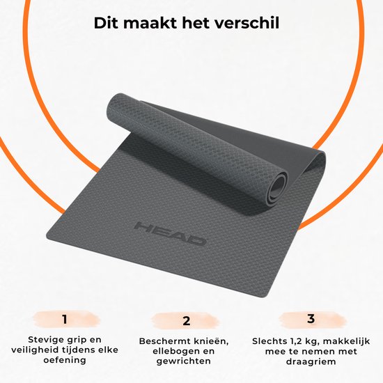 HEAD Yogamat - Yoga Mat - Sportmat - Fitnessmat - Pilates Mat - 183x80x0,7cm - Grijs — afbeelding 5