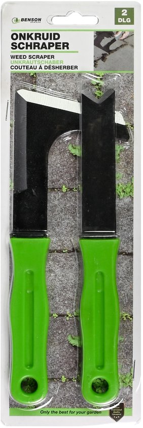 Benson onkruidschaar verpakking toont een gebogen en een rechte schraper met groene handvatten.