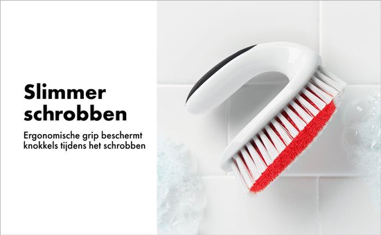 Brosse de nettoyage blanche avec poignée ergonomique blanche et noire et poils rouges. "Nettoyer plus intelligemment"