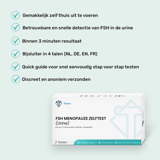 Box met Telano FSH Menopauze Zelftests. Makkelijk thuis uit te voeren, betrouwbaar, snel, discreet verzonden.