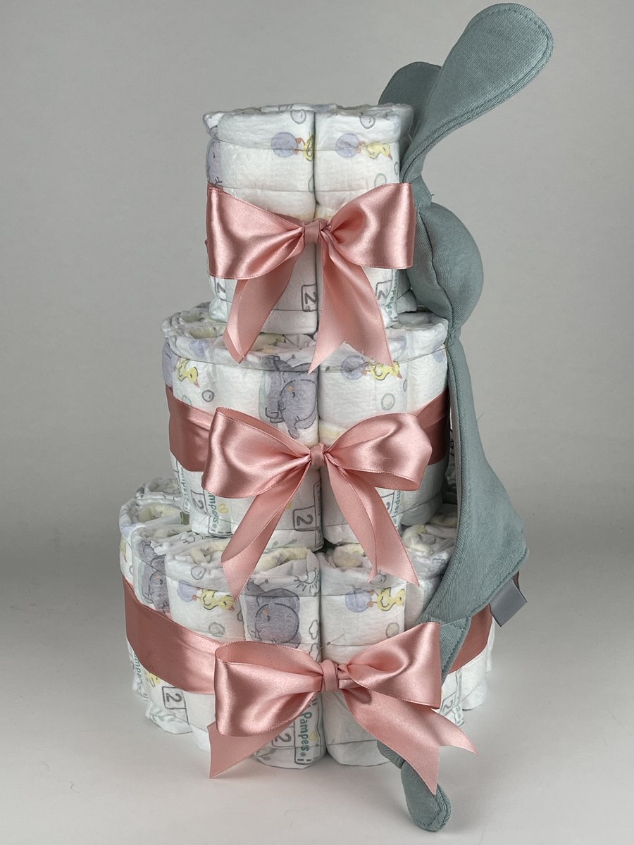 Chouette-Chouette | Luiertaart Meisje | Kraamcadeau | Geboorte Meisje | Babyshower | Knuffeldoek Konijn Snoes Stone groen - donker Poeder Roze