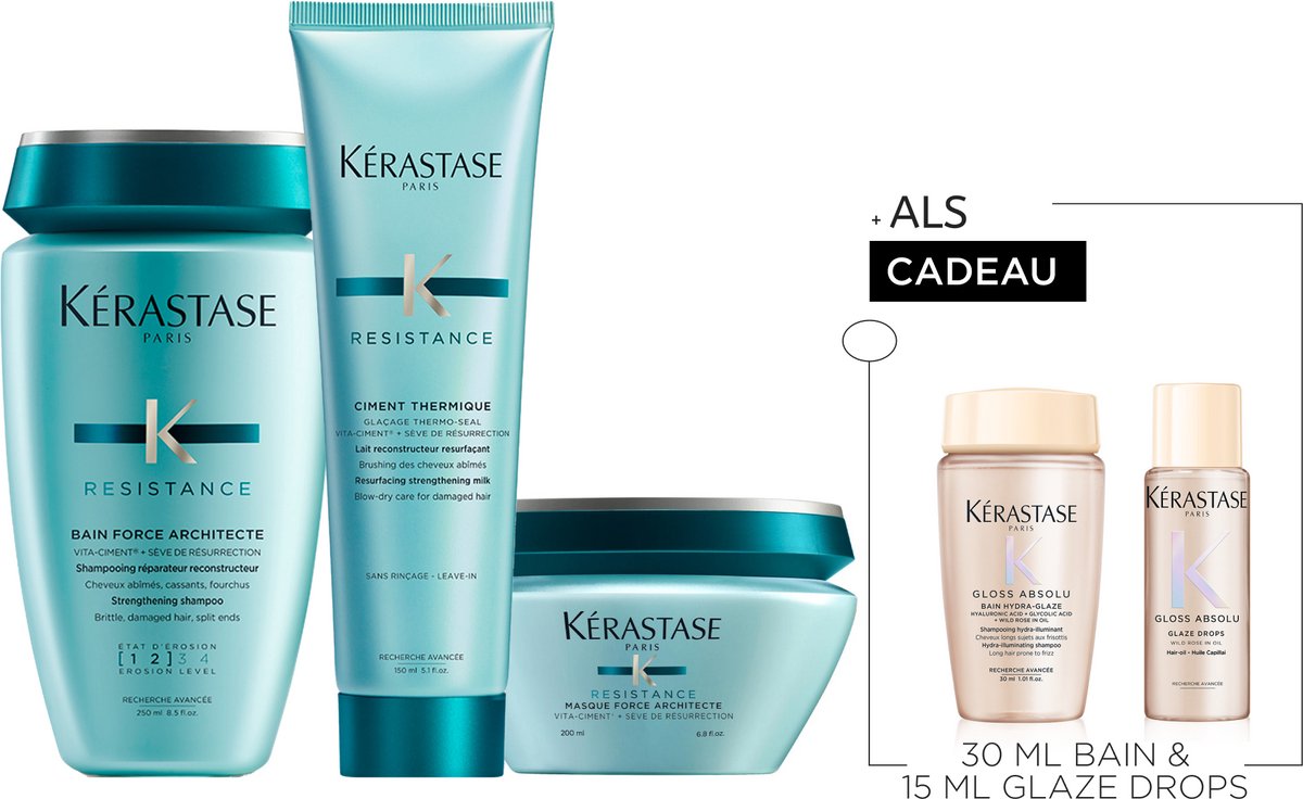Kérastase Résistance Trio + 2 Cadeau's - Herstellende Shampoo 250ml & Masker 200ml & Hittebeschermende Verzorging 150ml + Gloss Absolu Anti-frizz Shampoo 30ml & Haarolie 15ml Cadeau - Verzorgingstrio Voor Dik, Beschadigd Haar