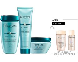 Kérastase Résistance Trio + 2 Cadeau's - Herstellende Shampoo 250ml & Masker 200ml & Hittebeschermende Verzorging 150ml + Gloss Absolu Anti-frizz Shampoo 30ml & Haarolie 15ml Cadeau - Verzorgingstrio Voor Dik, Beschadigd Haar