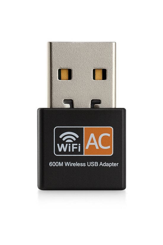 Zwarte 600M draadloze USB WiFi AC adapter met zilverkleurige USB-connector.
