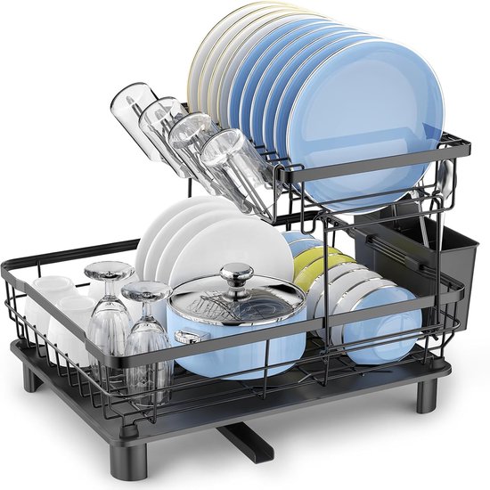 Égouttoir à vaisselle YONO avec bac d'égouttage - Égouttoir à vaisselle avec porte-couverts 2 niveaux en métal - Égouttoir à vaisselle - Égouttoir à vaisselle - Zwart