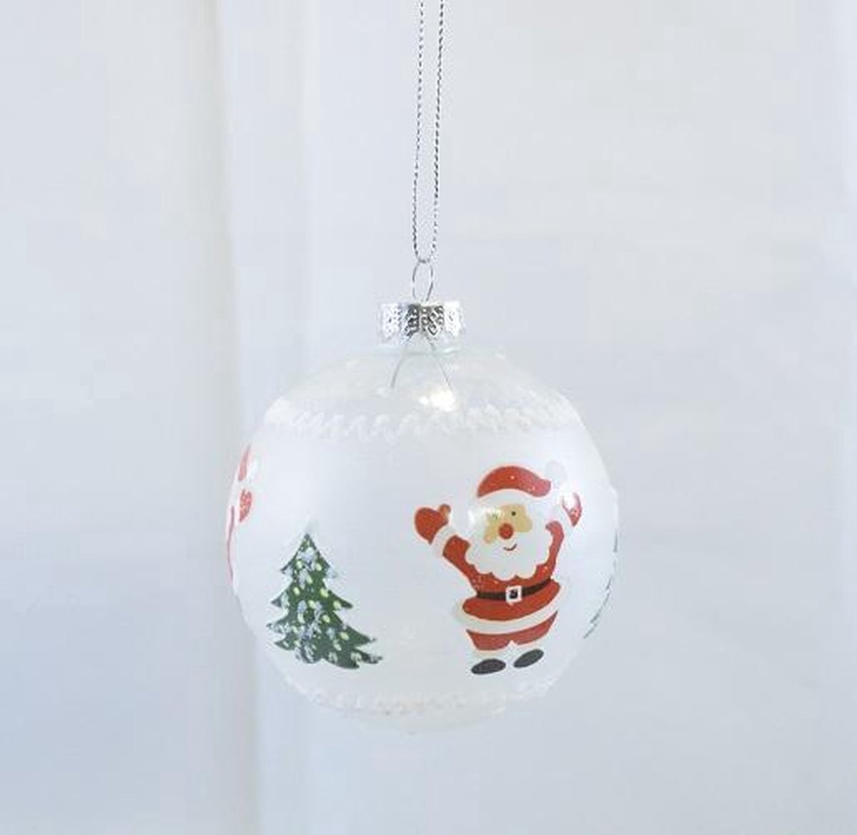 ZoeZo Design - 12 stuks - kerstbal - glas - transparant - wit - rood - glitter - kerstman - Ø 8 cm - (4 doosjes á 3 stuks) - met lint
