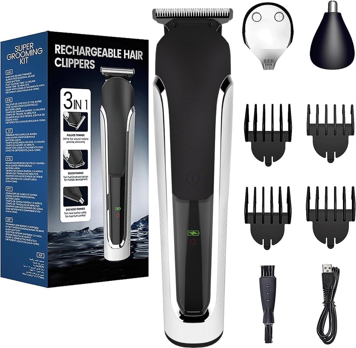 3-in-1 Tondeuse Set voor Heren met Neus- en Oortrimmer - Draadloos en Waterdicht