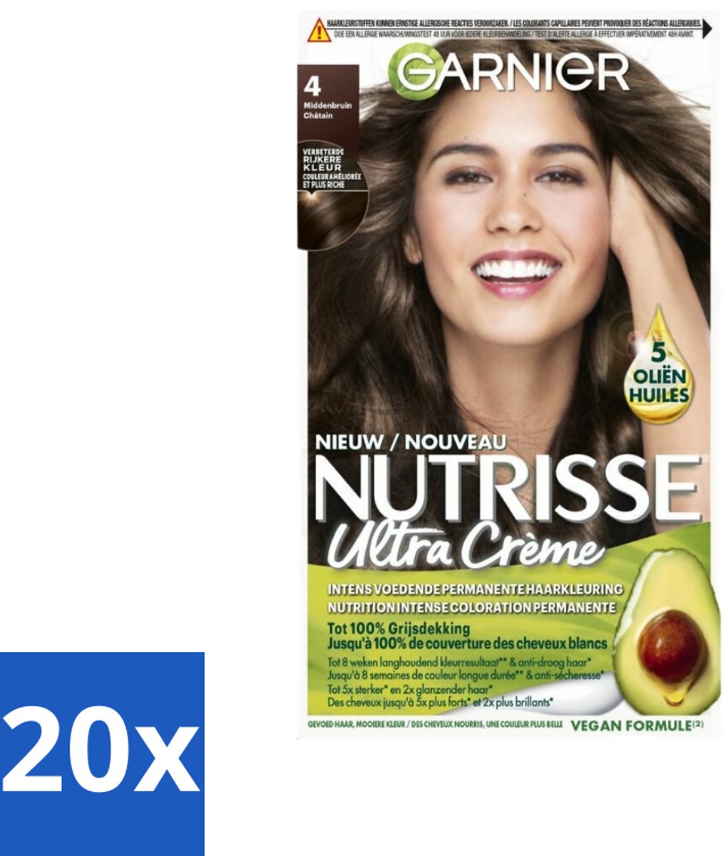 20 x Garnier - Nutrisse Ultra Crème 4 - Haarkleuring - Middenbruin - Intens Voedend - Permanente Kleur - Haarverf - Voedend Haarverf - Permanente Haarkleur - Grijsdekking - Haarverf Middenbruin