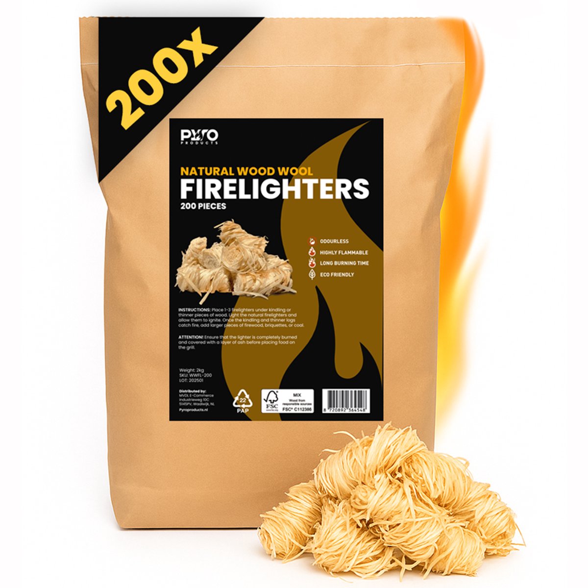 PyroProducts Aanmaakwokkels - 200 stuks (2 kg) - Ecologisch - Lange Brandduur - BBQ & Openhaard