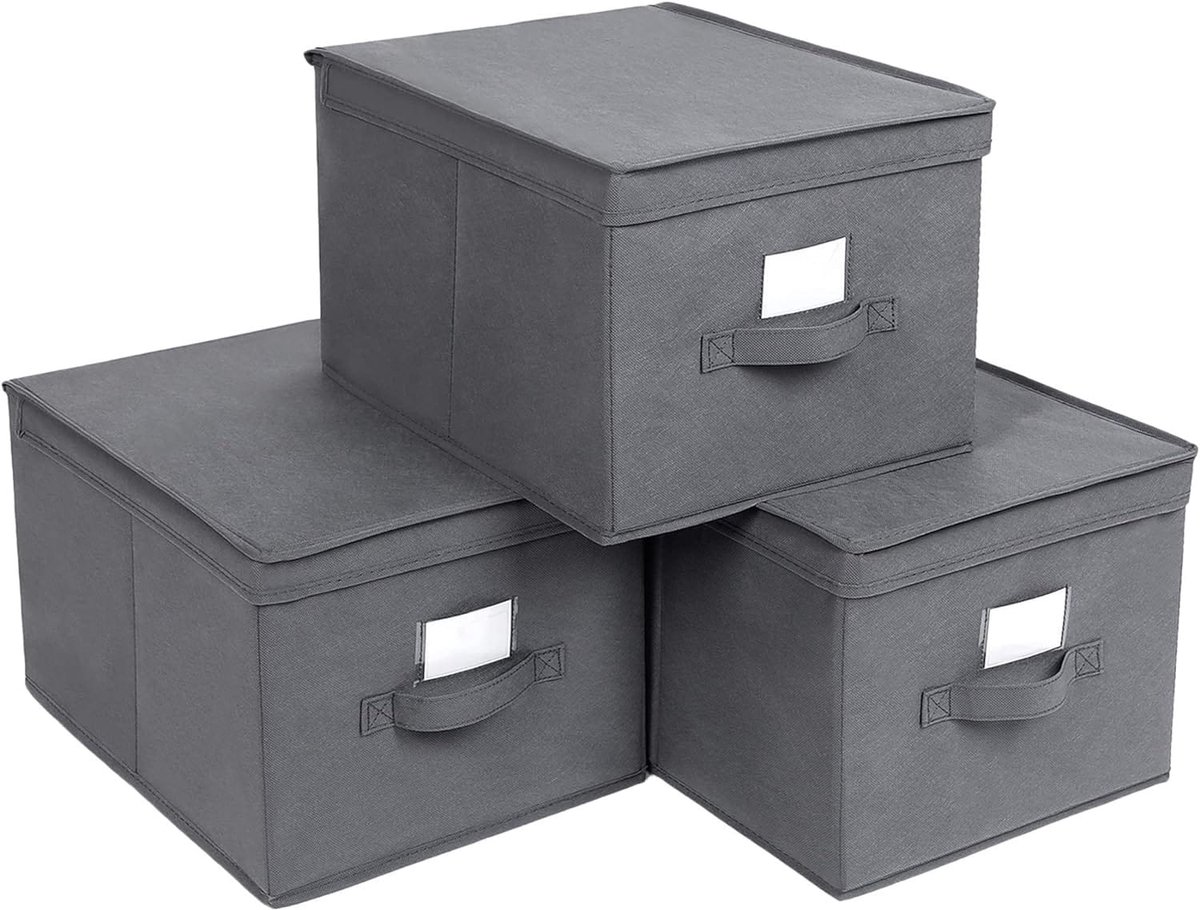 Set van 3 Opbergboxen / Opbergmanden - Grijs, Opvouwbare Organizers met Deksel en Handvat voor Kast of Garderobe, 30x40x25 cm, Opbergdozen met Labelvak