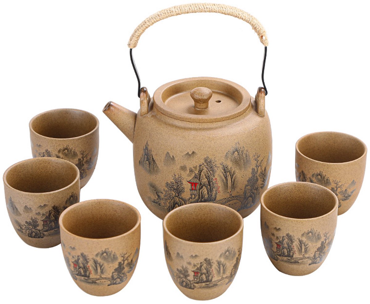 JinSho - Japanese Hand-Painted Clay Teapot - Keramisch- Thee Pot incl 6 theekopjes - Giftbox - 800ml