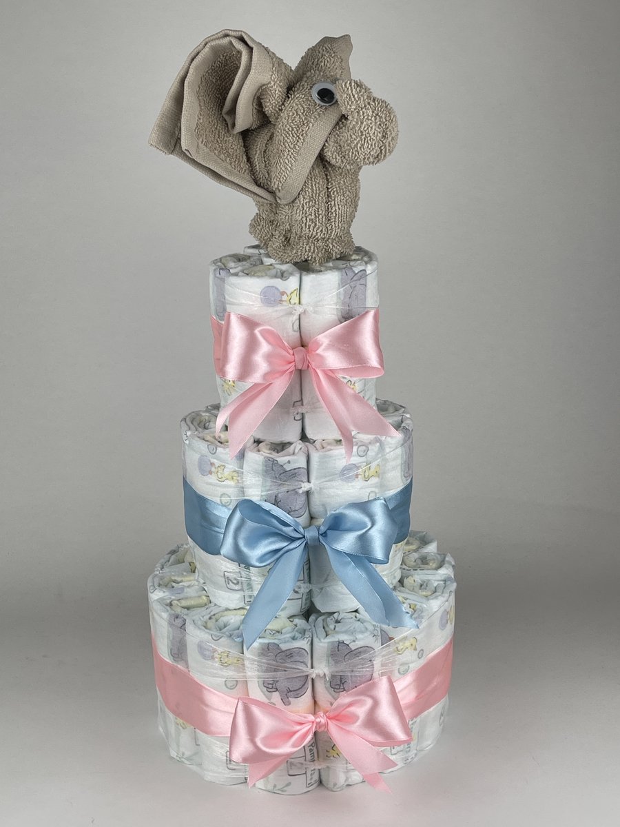 Chouette-Chouette | Luiertaart Neutraal | Kraamcadeau | Geboorte Jongen Meisje | Babyshower | Olifant Cream - Roze - Blauw