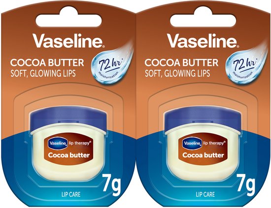 Twee verpakkingen Vaseline cacaoboter lip balm, elk met een potje balsem en de tekst '72 hr moisturisation'.