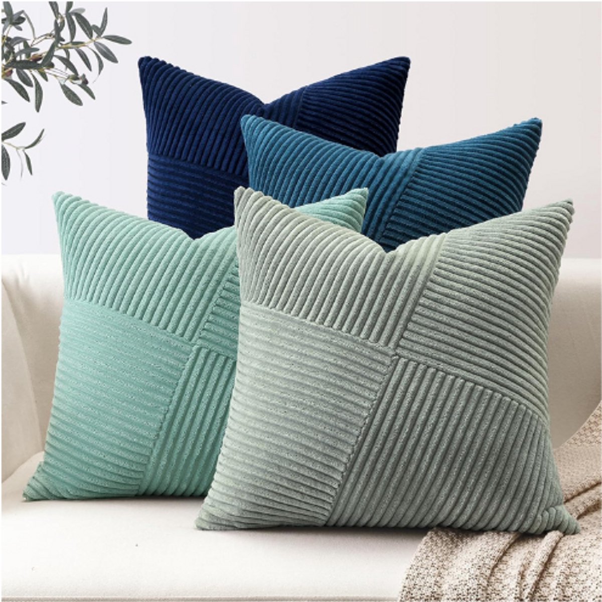 BOG Set Van 4 Corduroy Kussenhoezen - Windmolen Strepen Corduroy Kussenhoes - Bank Kussenhoezen - Decoratieve Patchwork Kussenhoezen - Voor Woonkamer BLAUW