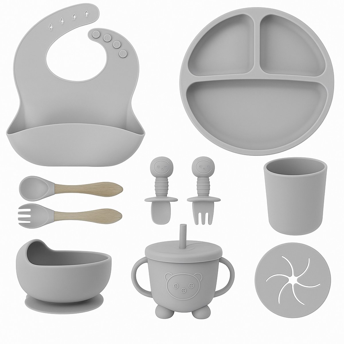 BOECK - Kinderservies - Babyservies - Serviesset met o.a. slabbetje, bord met zuignap en deksel, drinkbeker en kinderbestek | Siliconen | Magnetron-, Oven- & Vaatwasserbestendig | Kraamcadeau | 9-delig | Grey | Grijs