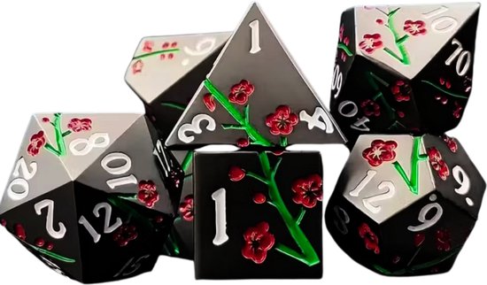 Ensemble de dés Joya Dice® Dungeons and Dragons | Set de Dés DnD Polydice | Ensemble de dés D&D | Ensemble de 7 dés en Métal | Coffre de rangement de Luxe inclus | Dés en métal Zwart avec fleur de Sakura