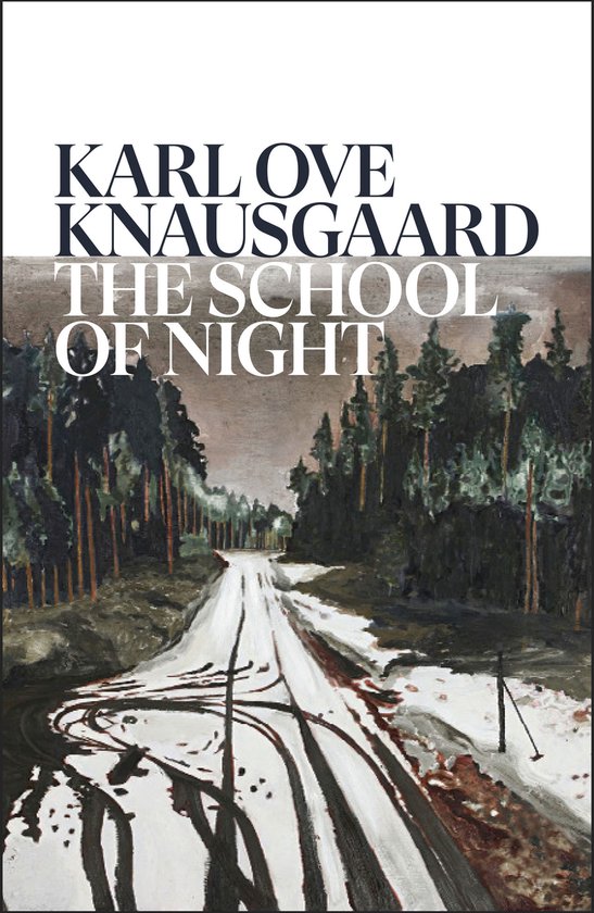 Boekomslag van 'The School of Night' met een geschilderde, ijzige weg door een donker bos.
