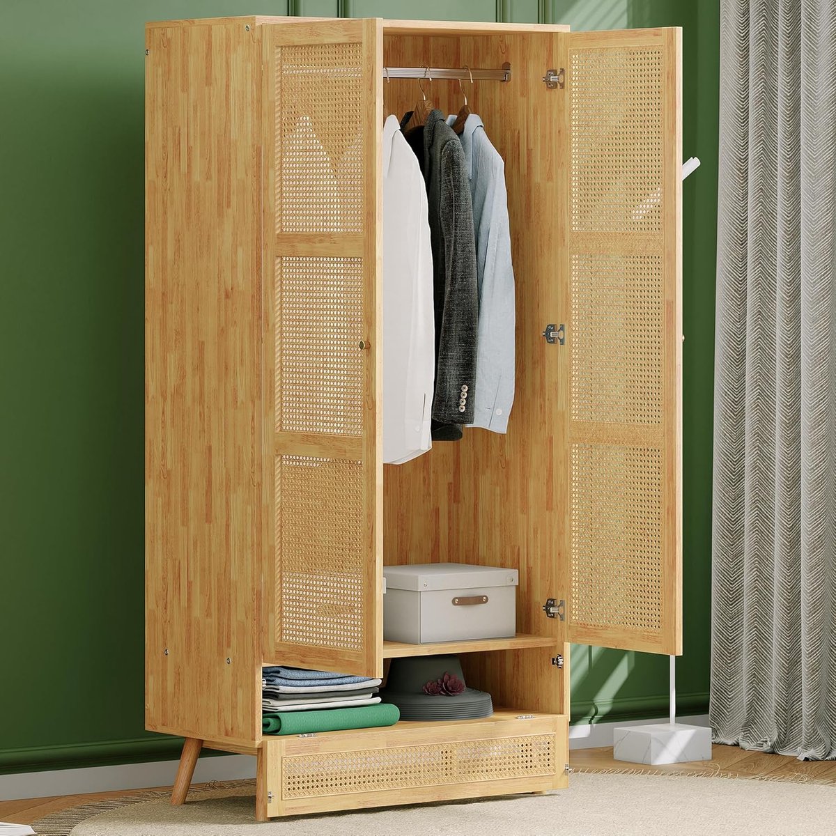 Soweiz Kledingkast met kledingstang, 2-deurs kledingkast, slaapkamer, rotan net, woonkamer, met opklapbare onderdeksel, spaanplaat PE-rotan, naturel