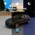 SUV geparkeerd onder zon, zonsondergang en nacht. Toont 2K-beeld dag en nacht, 24/7 video's in kleur.