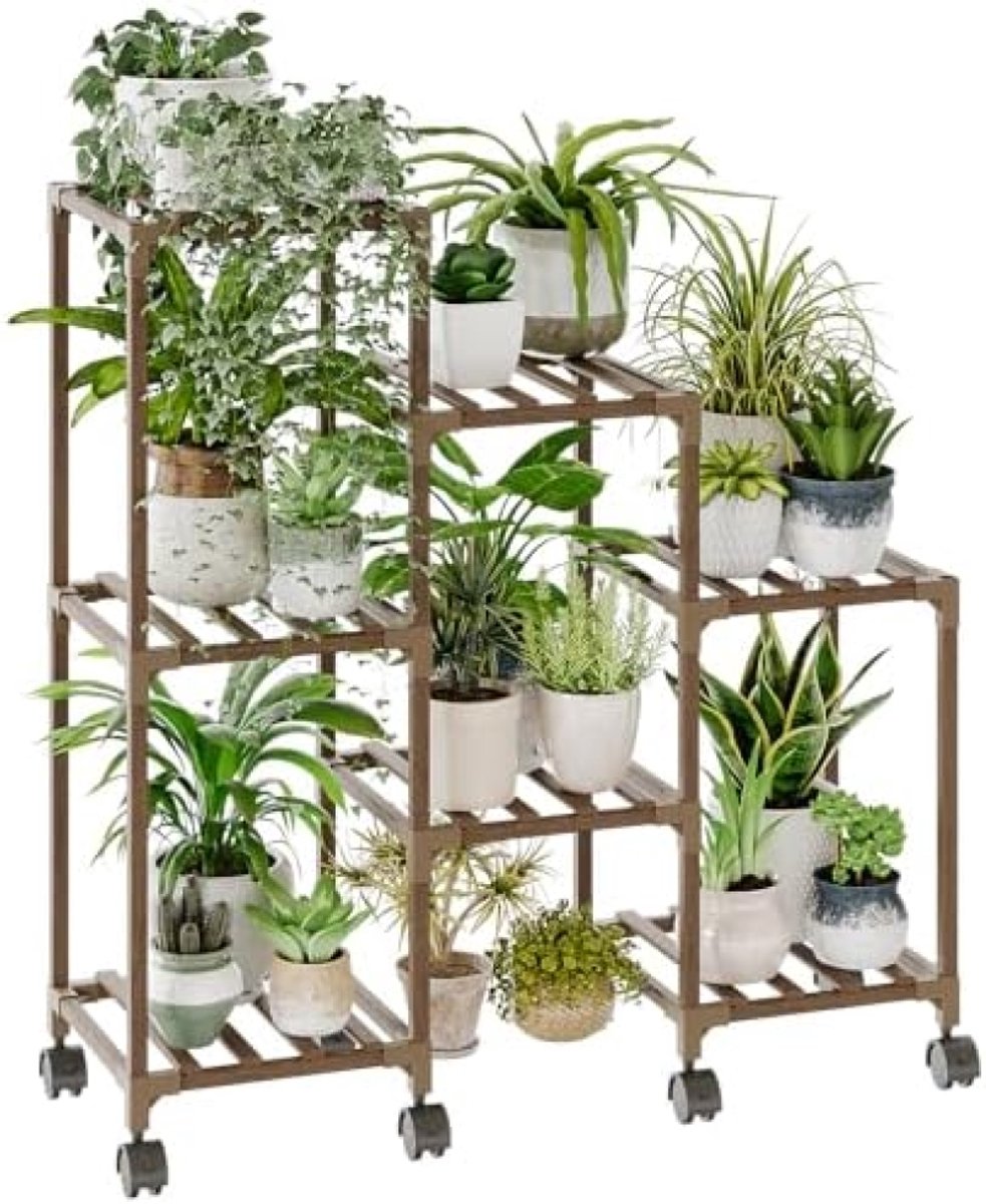 PromoHome Plantenstandaard met Wieltjes - 7 Laags Houten Plantenrek voor Binnen en Buiten - Balkon, Terras, Woonkamer - Bruin