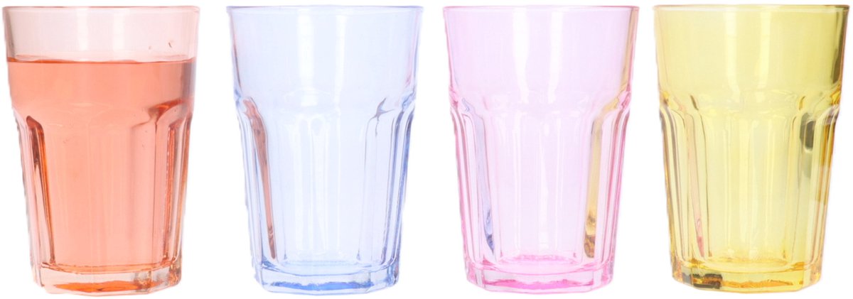 Excellent Houseware Waterglazen/drinkglazen Coloris - 4x - transparant kleurenmix - 360 ml
