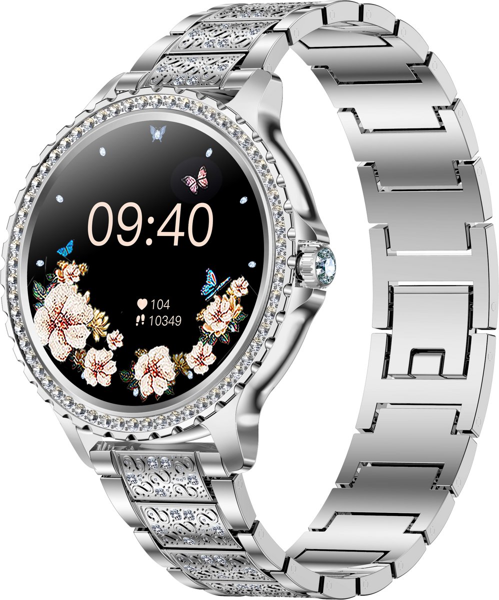 Stijl Ontmoet Slimheid: Knobbout 1.32” Scherm Smartwatch met Diamanten – Voor Vrouwen die Stralen! Bluetooth Bellen, Gezondheidstracker & AI Assistent- Zilver staal talen band met kristallen + extra siliconen band