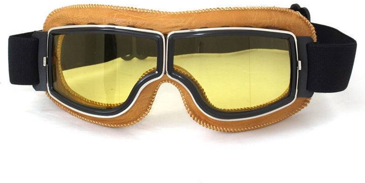 CRG Cruiser Motorbril - Creme Leren Motorbril - Retro Motorbril Heren - Geel Glas