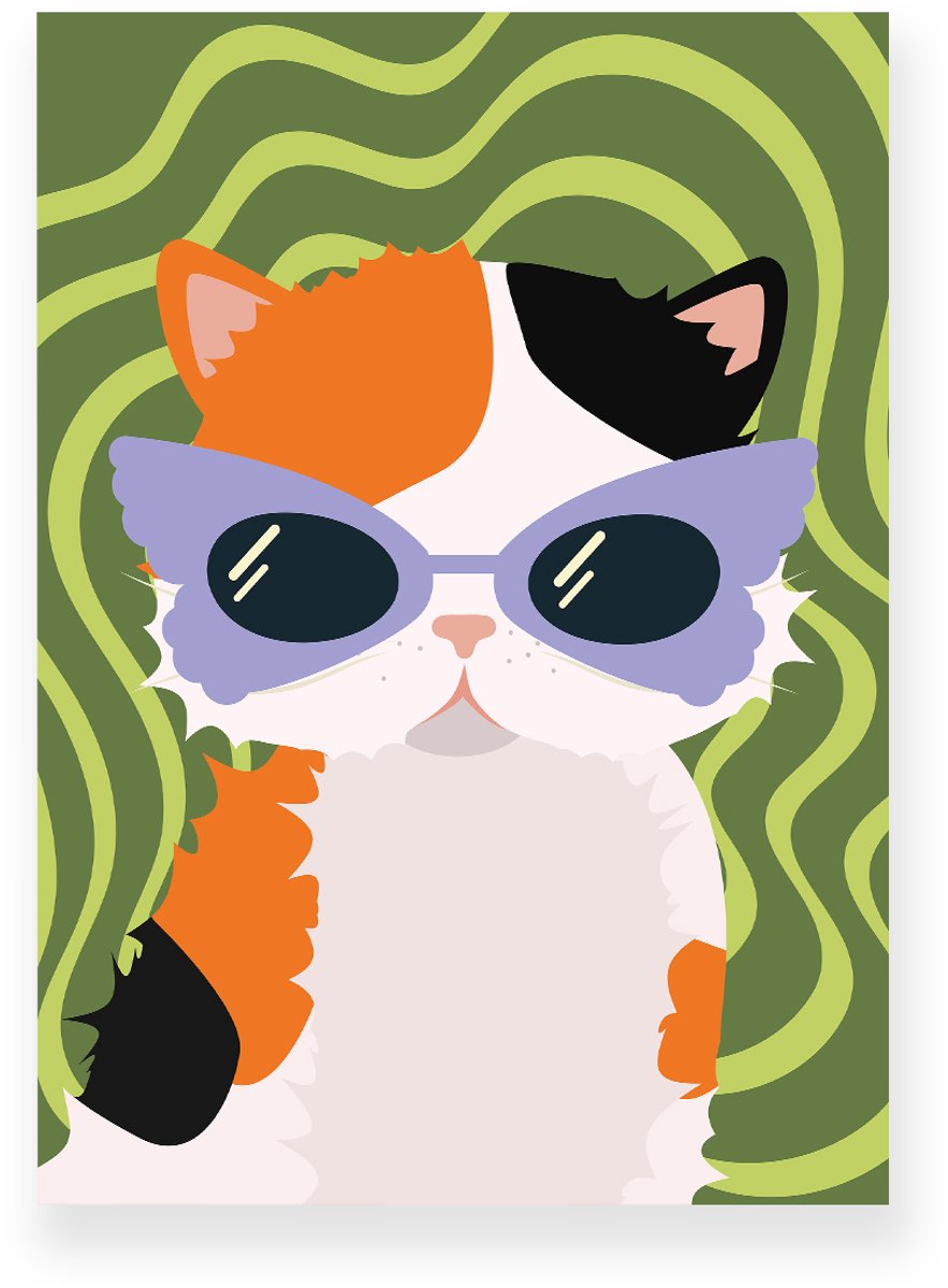Yisual Aluminium plaat 30x40 cm - Poster - Kat met zonnebril - Groen - Paars - Dopamine Decor - Dieren - Muurdecoratie - Wanddecoratie Lila