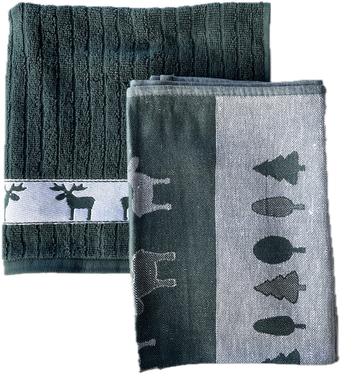Kracht Eland - theedoek en keukendoek set - donkergroen - bomen - kerst - hert