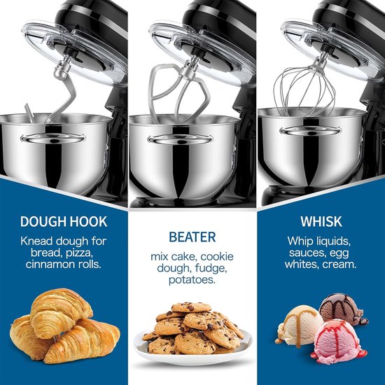 Mixer Met Mengkom - Mixer - Mixer Met Mengkom Keukenmachine - Mixer Met Kom - Mixer Keukenmachine - Mixers Met Mengkom - Keukenmachine - Keukenmachines - Inclusief Garde/Deeghaak/Menghaak - 6 Snelheden - 1500W - 220V - Vaatwasserbestendig van Merkloos — afbeelding 3