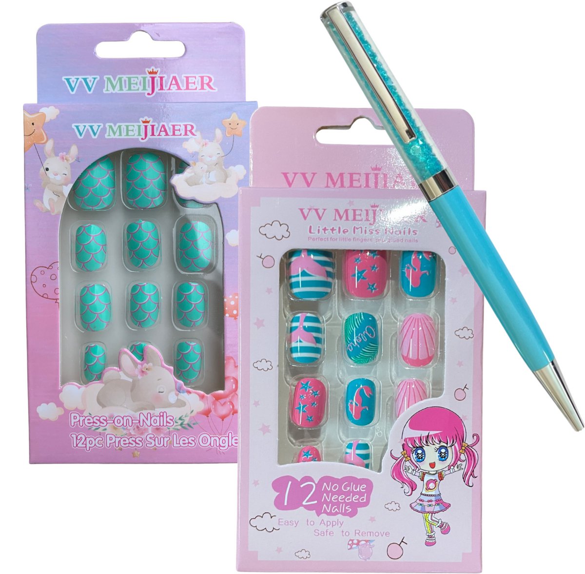 Plaknagels voor Kinderen - 2 x 12 Nepnagels - Gratis Diamant Pen - Geen Lijm Nodig - Strik