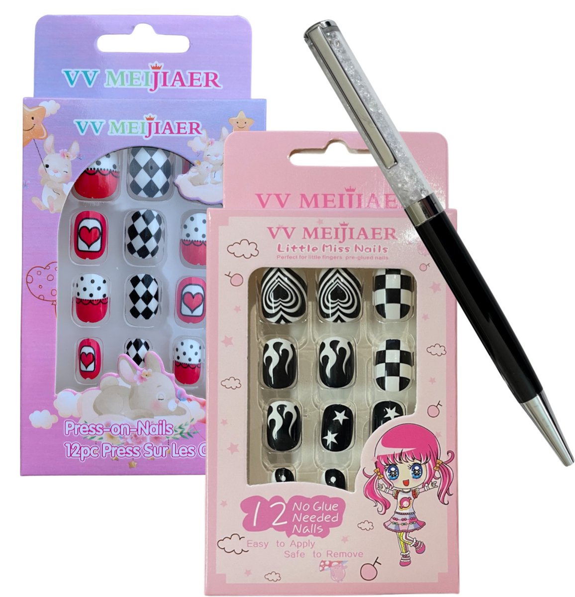 Plaknagels - 2x12 Nagels - Nepnagels voor Kinderen - Met Gratis Diamant Pen - Valse Nagels - Geen Lijm Nodig