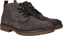 Grijze suède veterboots met zwarte veters en bruine details.