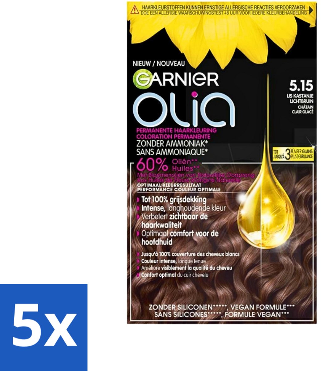 5 x Garnier - Olia 5.15 - Haarkleuring - Kastanje Lichtbruin - Zonder Ammoniak - 100% Grijsdekking - Haarkleuring - Permanent Haarkleuring - Kastanje Lichtbruin - Zonder Ammoniak - 100% Grijsdekking