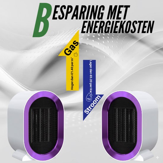 Besparing met energiekosten: twee witte ECO Warmte kachels met paarse rand tonen besparing op stroom vergeleken met gas.