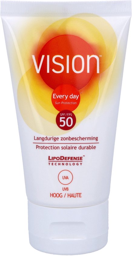 Tube met Vision Every Day Sunscreen SPF 50. Langdurige zonnebescherming, zeer waterbestendig, zonder parfum.