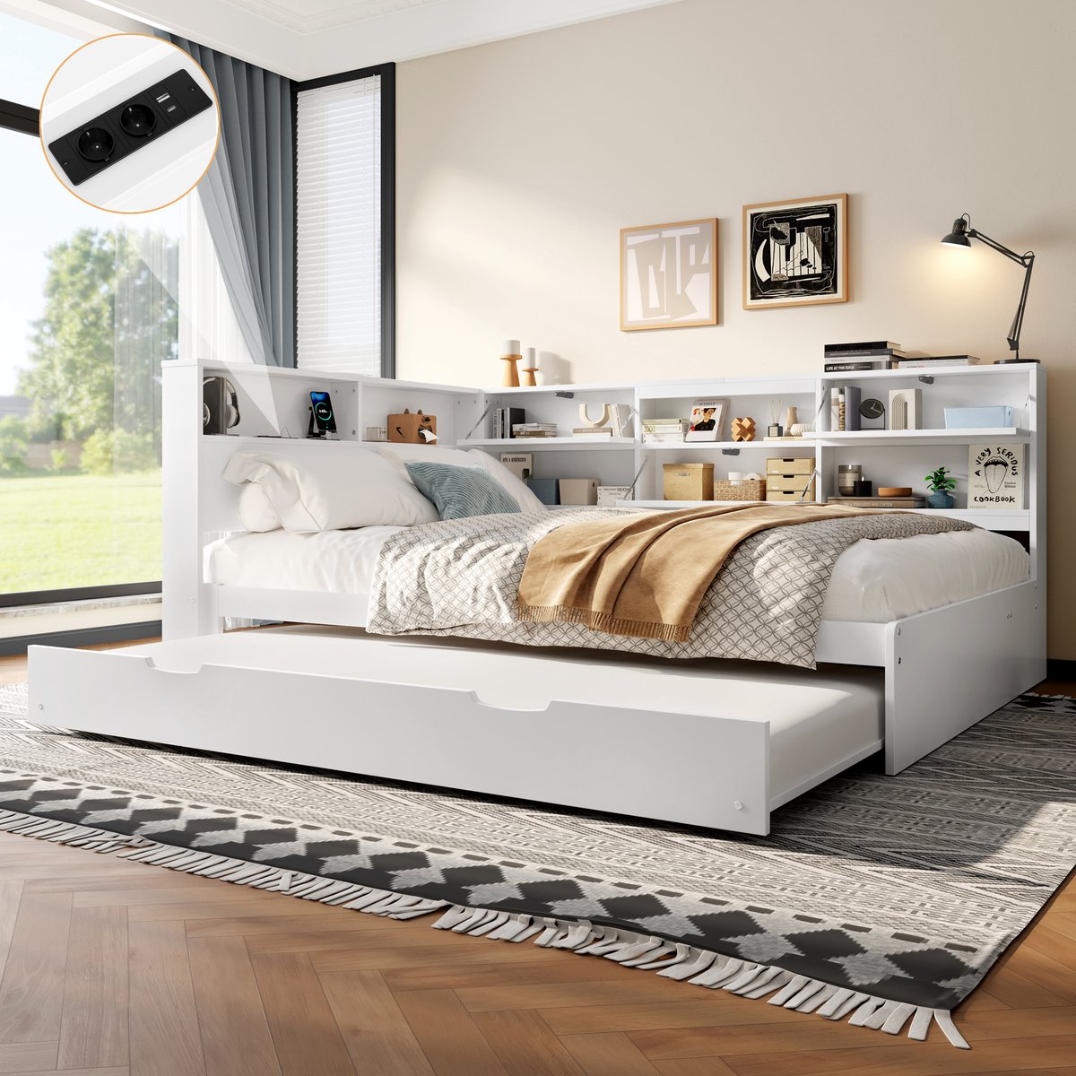 Merax Slaapbank 140x200cm - hoofdeinde met opbergvak - uitschuifbaar bed - zonder matras - wit