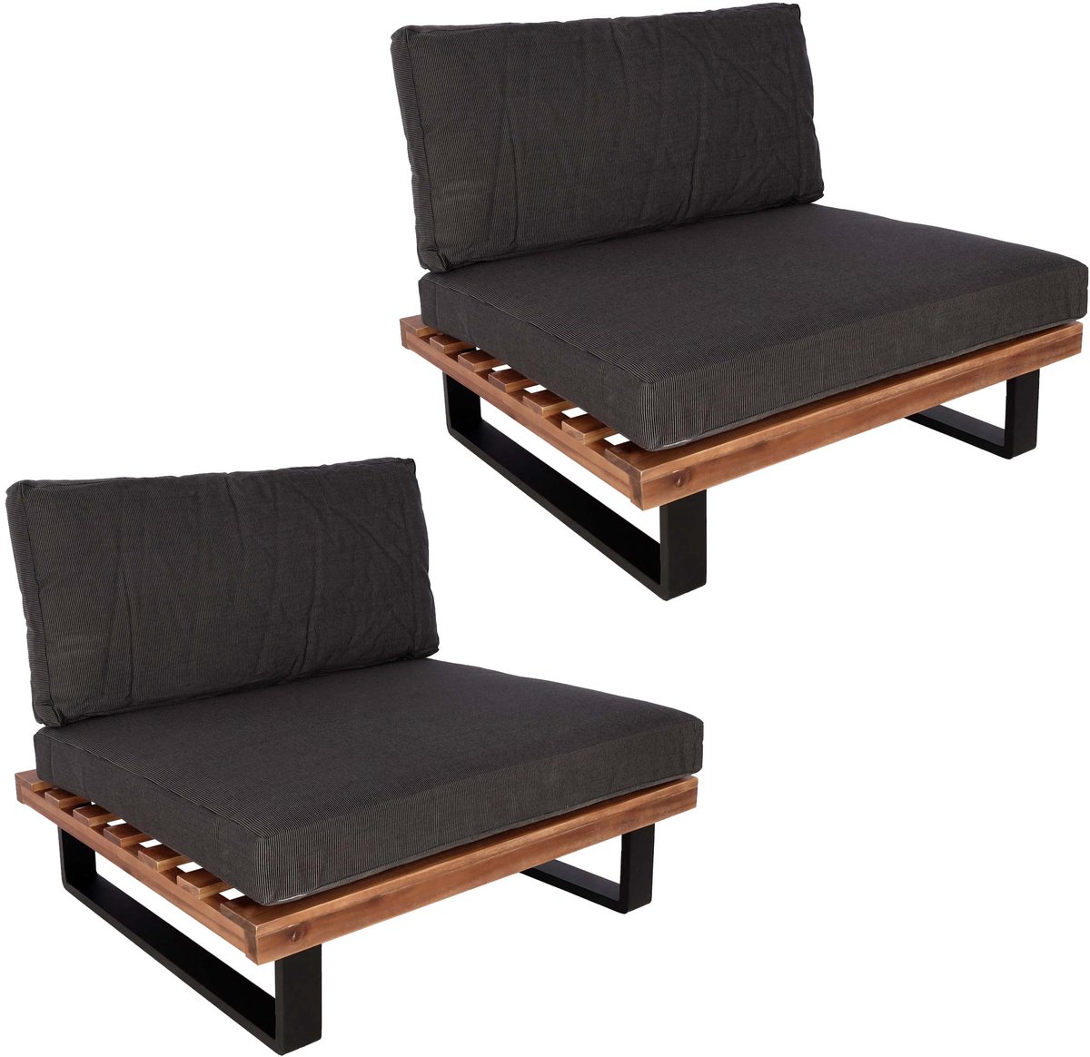 Set van 2 loungestoelen MCW-H54, tuinstoelen, gesponnen poly acaciahout FSC-gecertificeerd aluminium ~ bruin, bekleding donkergrijs
