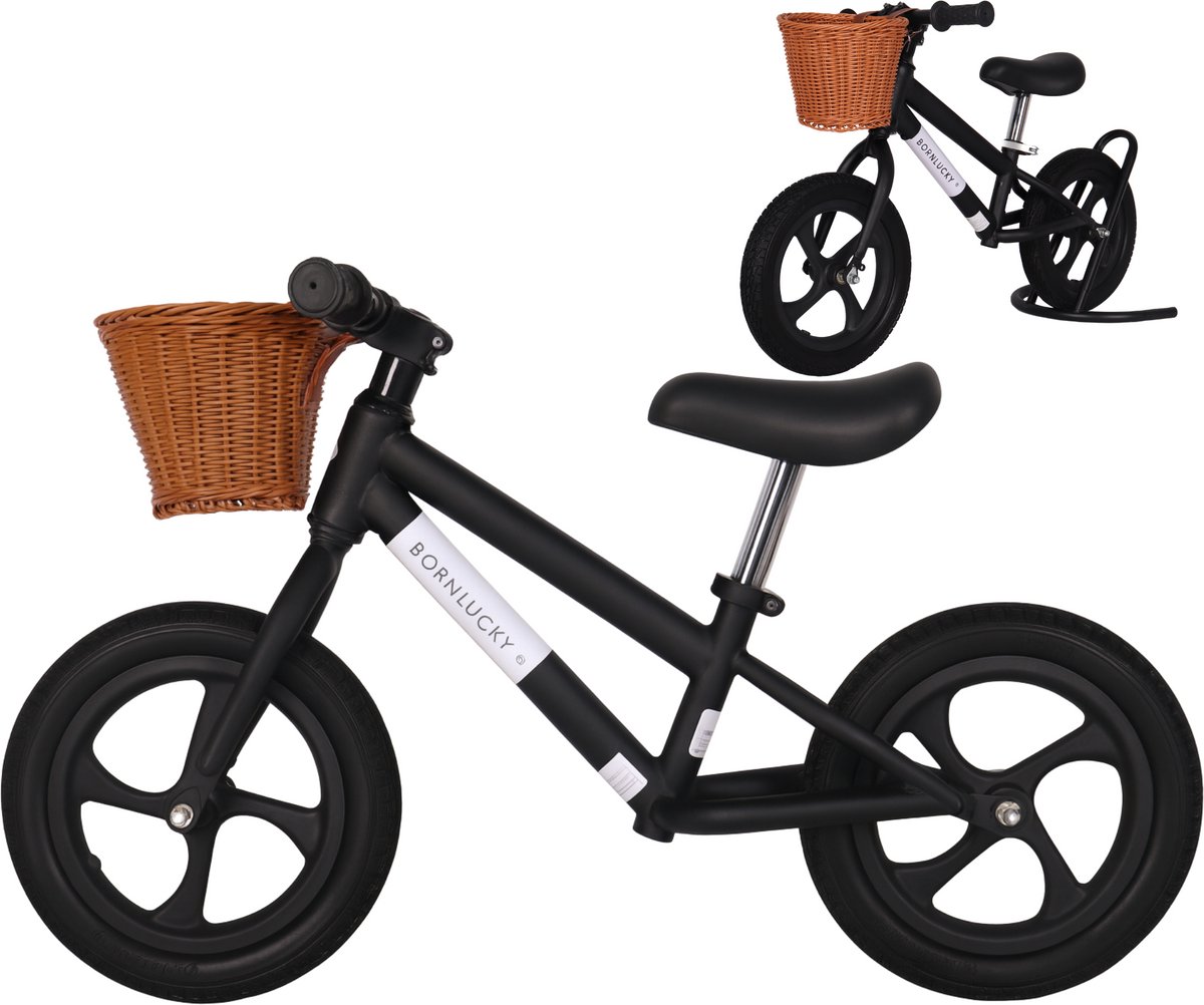 Born Lucky Loopfiets / Balance Bike Verstelbaar Zadel & Mand - Black